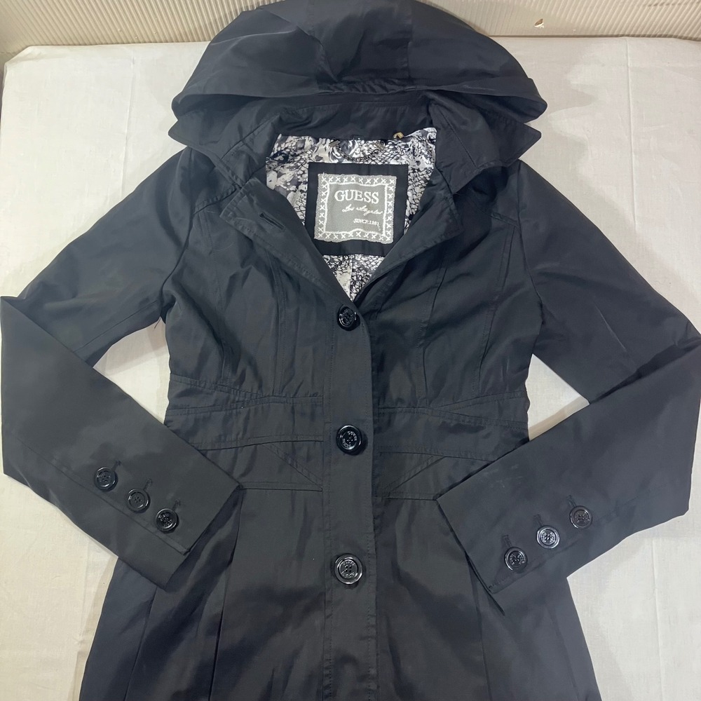 Guess Los Angeles Womens Black Hooded Trench Coat Jacket RN54163 Small Pleated